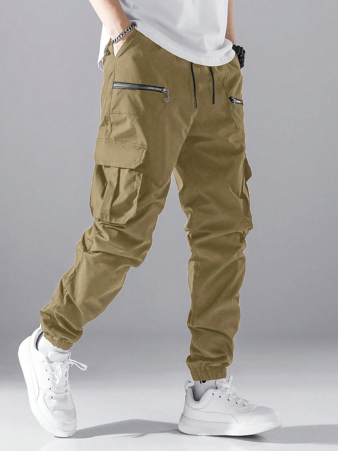 Men's Loose Solid Color Cargo Pants with Drawstring Waist and Pockets, Street Fashion Jogger Trousers for Daily and Outdoor Wear, Suitable for All Seasons