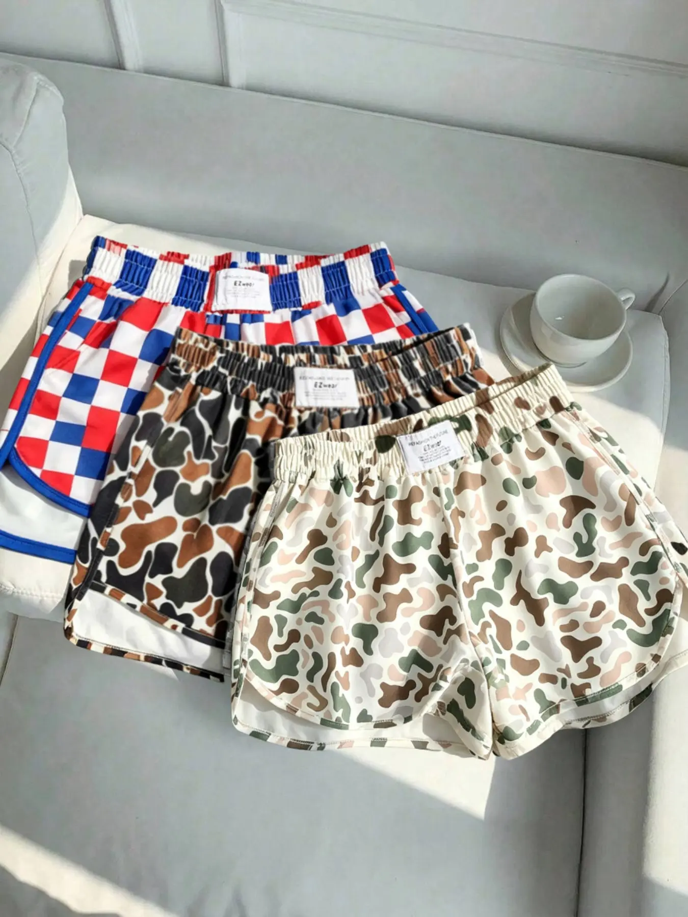 3-Piece Set Women's Casual Shorts, Camouflage & Checkerboard Print, Elastic Waist with Pockets, Summer Sports Home Shorts