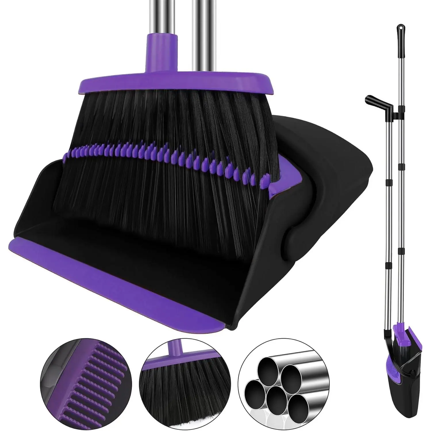 Broom with Dustpan Combo Set, 51" Household Dustpans and Broom, Standing Dust Pan Set  Home, Purple Cleaning Set  Kitchen Lobby Indoor Outdoor