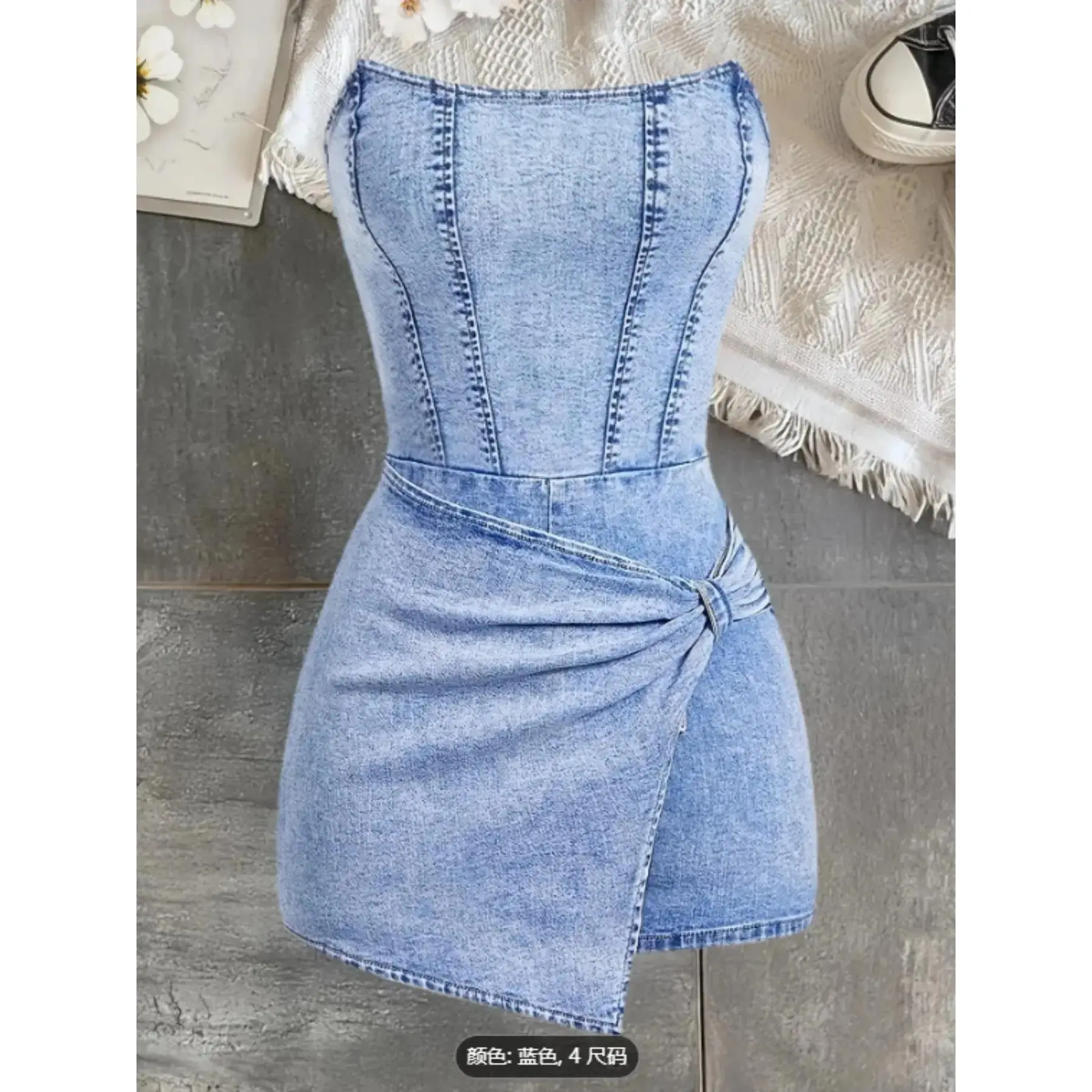 Women's Sexy Solid Color Strapless Denim Dress, Comfortable Design, Perfect for Casual Wear, Versatile.