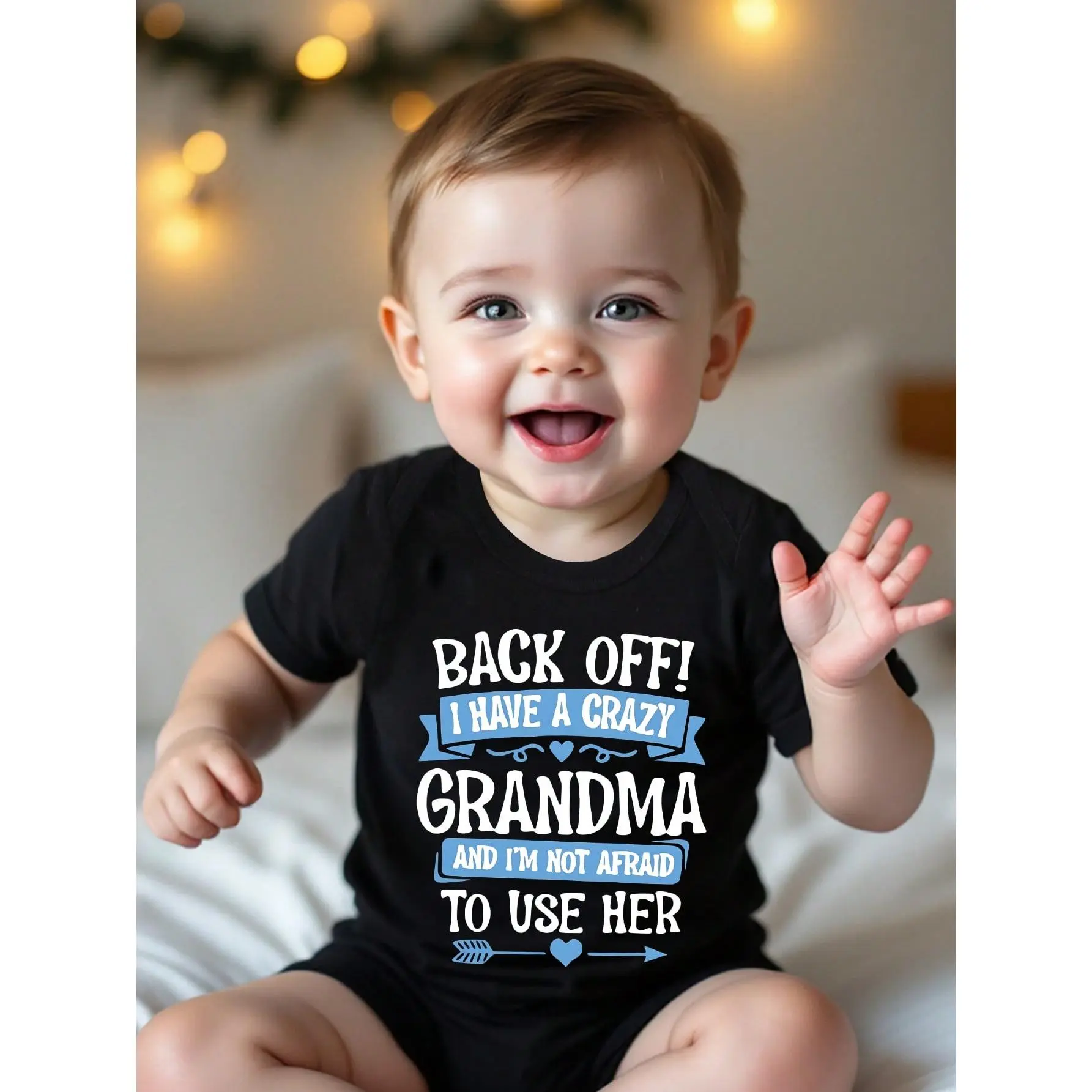 Baby Boy Casual Cute Funny Letter Slogan "BACK OFF I HAVE A CRAZY GRANDMA" Graphic Bodysuit, Minimalist Short Sleeve Print Summer Beach Black N White, Boy Baby Wear, Hypoallergenic Safe, One-Piece Romper