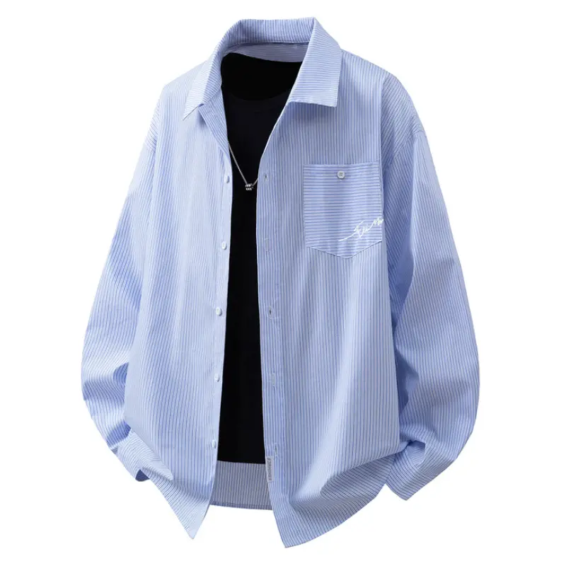 Men's Stylish Vertical Striped Full-Sleeve Long Shirt - Classic Collar, Full Button Placket, Chest Patch Pocket, Drop Shoulder Fit, Wrinkle-Resistant Non-Premium Fabric, Casual Chic Top for Daily & Street Outfits