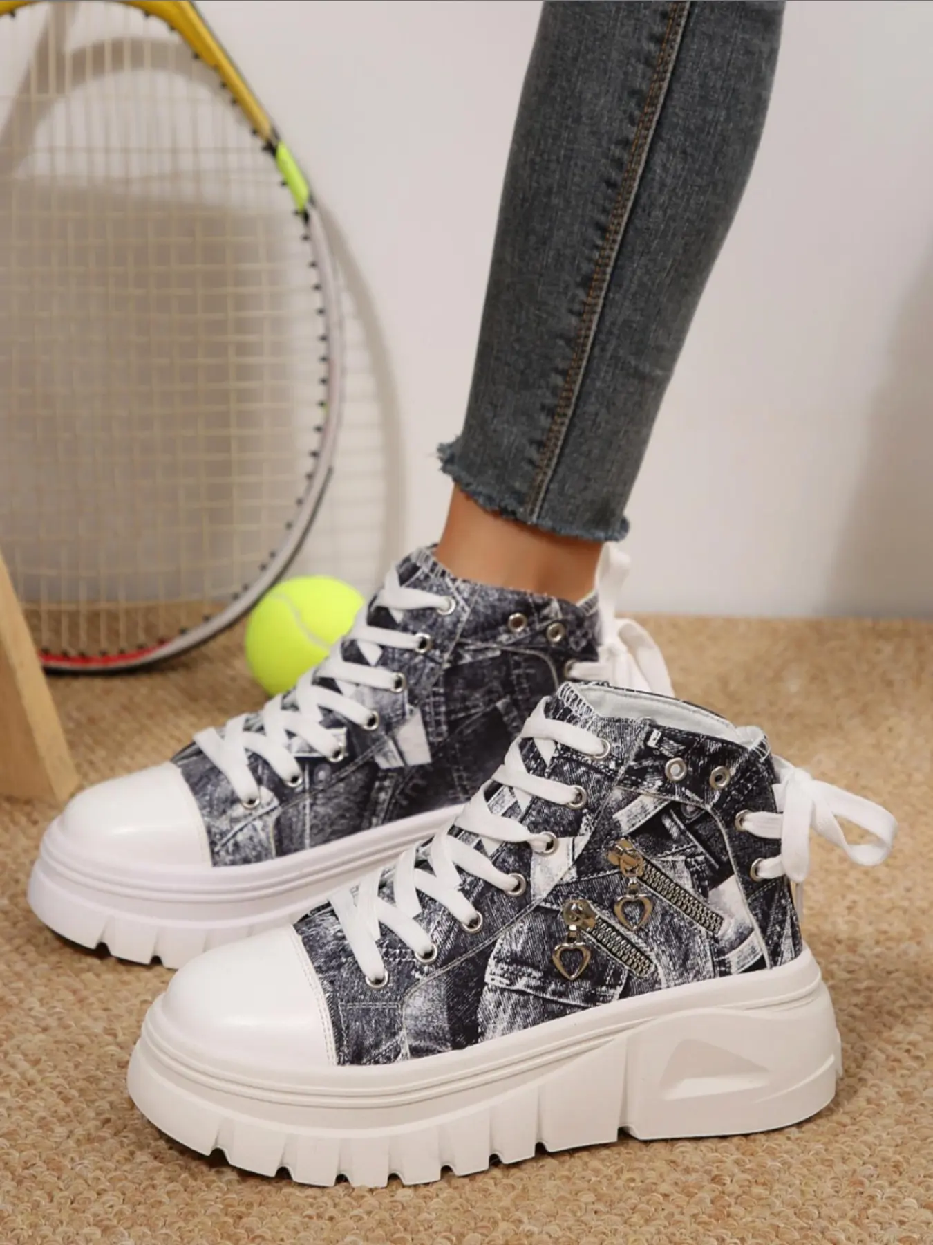Trendy Y2K Style Denim High-Top Sneakers, Trendy Trainers, Thick Sole Casual Shoes for Daily Wear, Perfect Match with Dresses & Pants