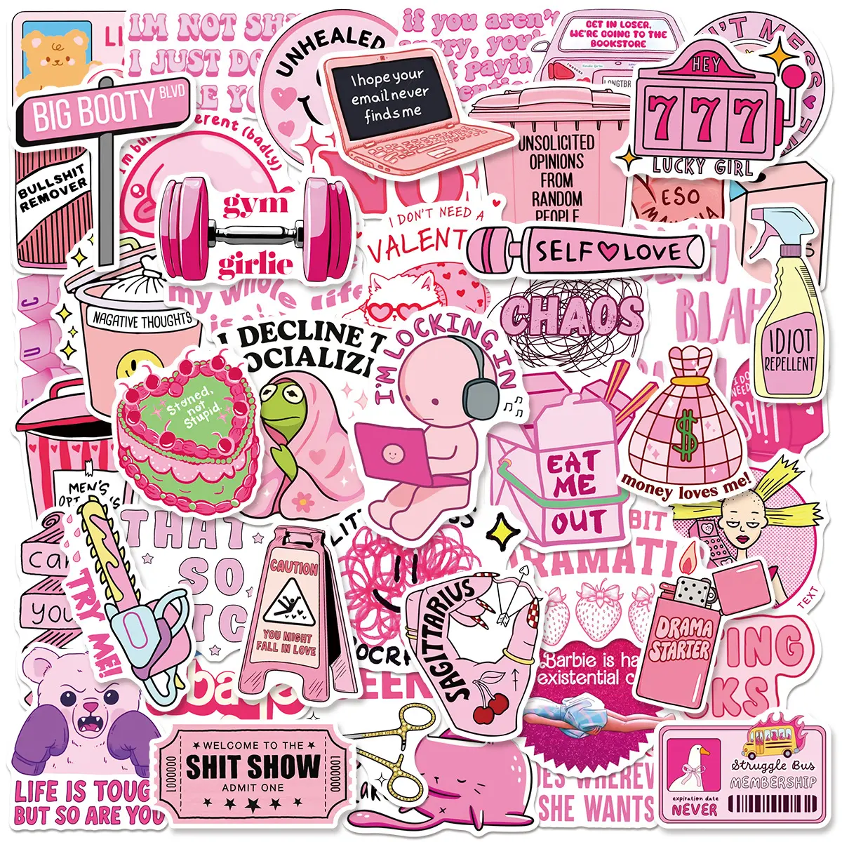 50pcs Pink Fun Doodle Office Stickers, Decals for Notebooks, High-Value, Positive Energy Gifts for Decorating Journals, Scrapbooks, Computers, Water Bottles, Cars, Etc.