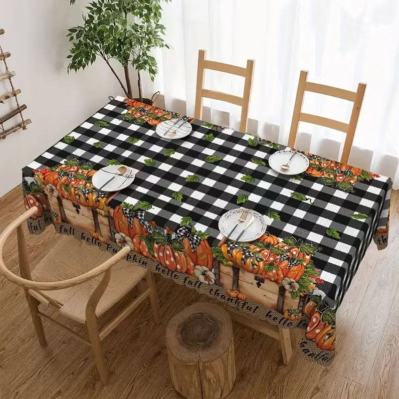 2D Flat Party Tablecloth 1pc, Rectangular Thanksgiving Tablecloth, Bow Pumpkin Plaid, Fall Decor, Kitchen, Restaurant, Indoor Outdoor