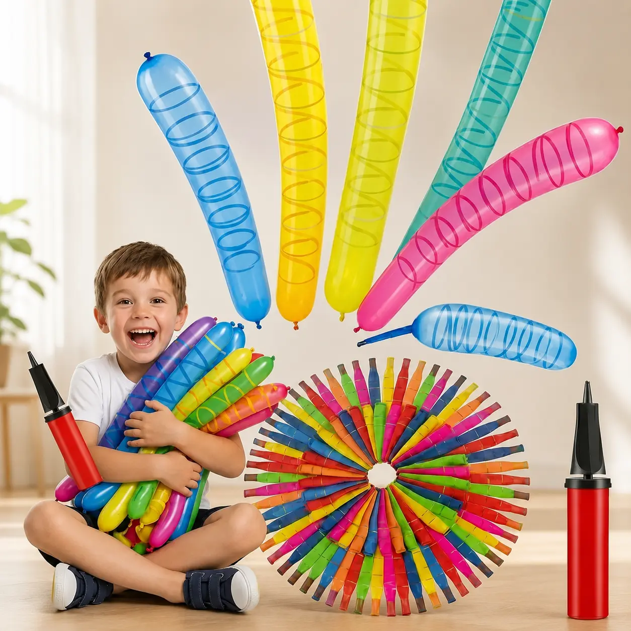 100-Count Rocket Balloon Toy Pack with Quick-Fill Pump, Reusable Flying Balloons for Kids, Outdoor Lawn Games for Summer Fun, Carnival & Birthday Party Favors, Easy-Fill No-Refill Design for Indoor & Outdoor Play, Toys for Boys, Gifts for Kids