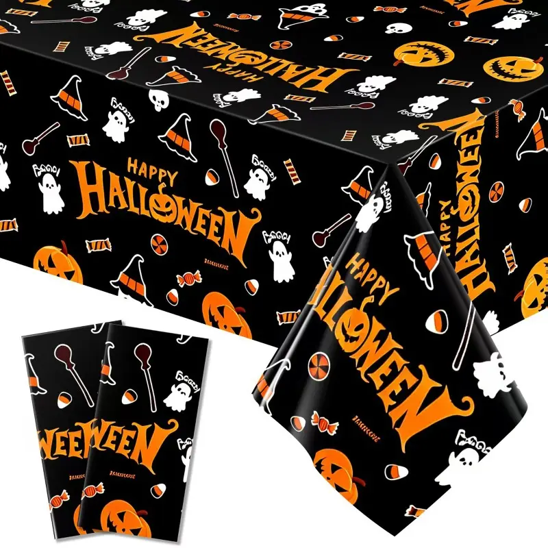 1/3Pcs Disposable Waterproof Aluminum Foil, Plastic Tablecloth Halloween Rectangle Tablecloth, 54×72 Inch Black Pumpkin Ghost Witch Hat Printed, Decorative for Halloween Party, Dining & Dessert Table Decorations