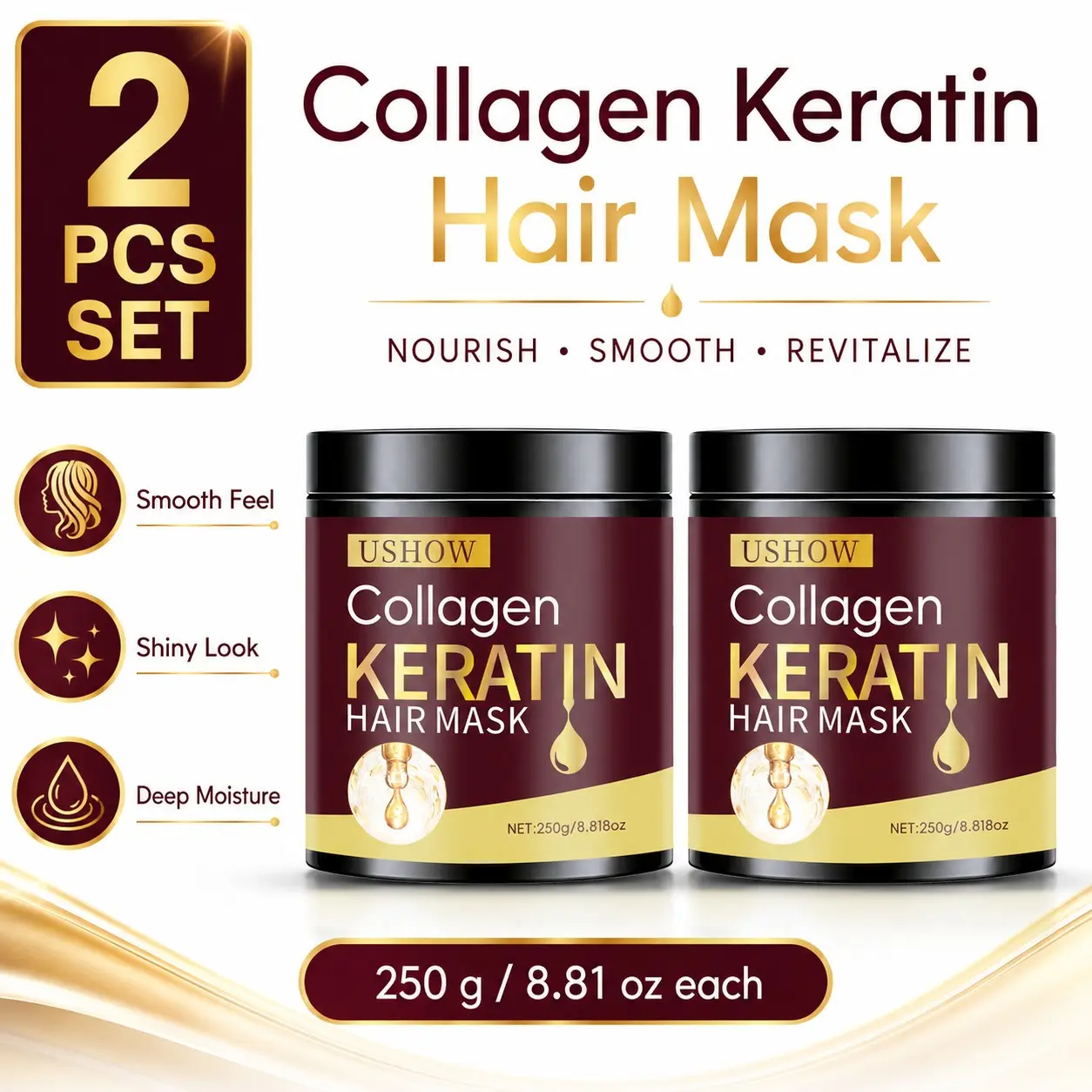 2-Pack 250g Keratin Hair Mask, Deep Conditioning for Dry and Damaged Hair, Softens Hair, Rich in Collagen, Anti-Split Ends, Anti-Breakage Benefits