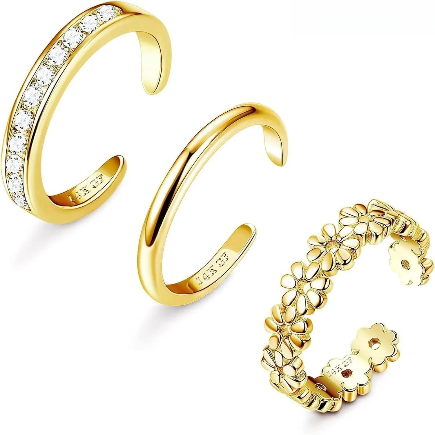 FASACCO Women's 3PCS 14K Gold Filled Toe Ring Set, 6g Durable Elegant Open Band CZ Daisy Flower Adjustable Jewelry for Beach Party, Poolside, Hawaiian Summer