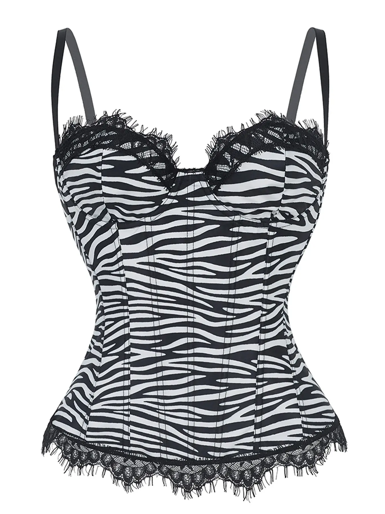 Boned Zebra Print Satin Corset Top, Eyelash Lace Push Up Bustier with Spaghetti Strap, Hourglass Waist Cincher for Y2K Festival Club Night Out Aesthetic