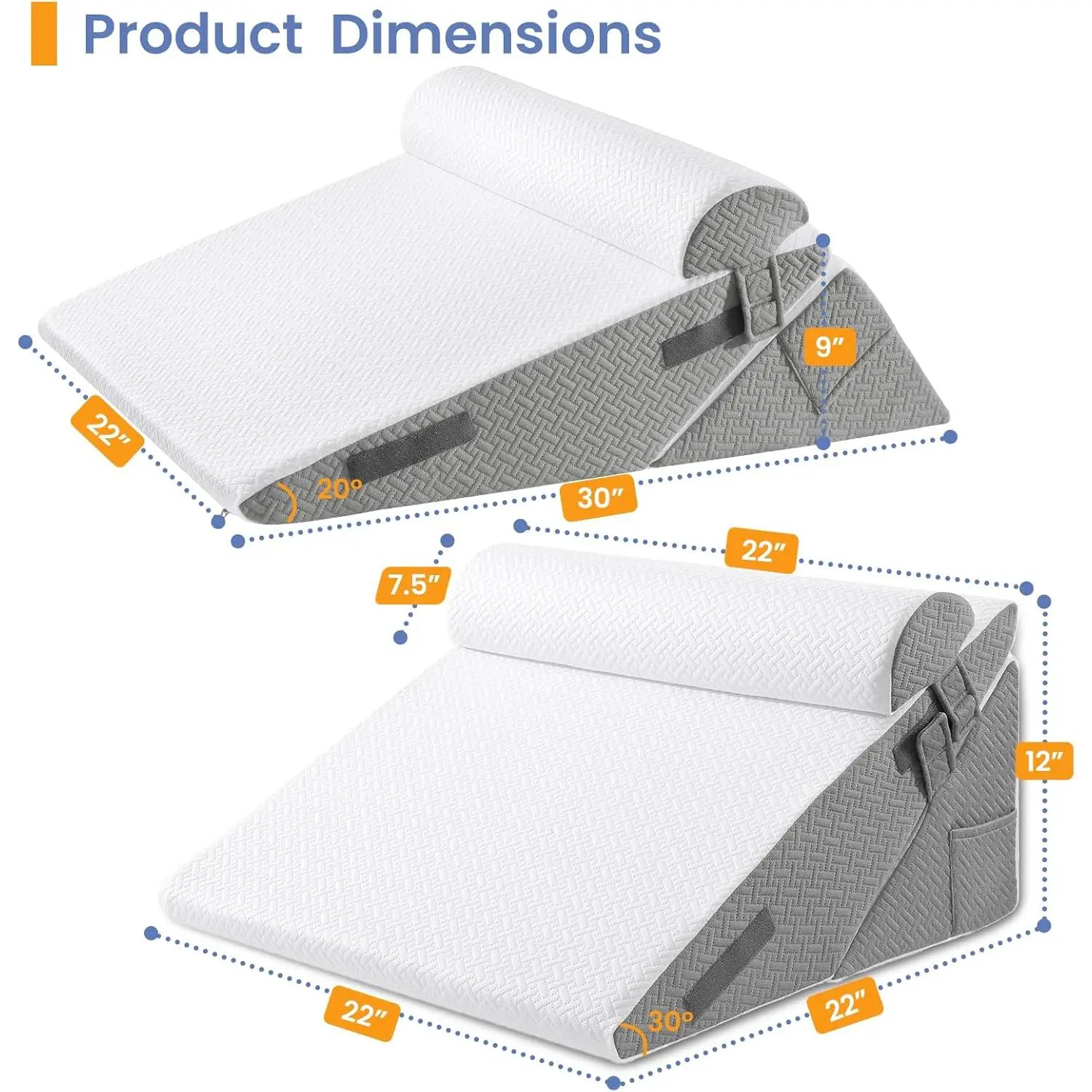 Sasttie Wedge Pillow Set for After Surgery, 2PCS Adjustable Bed Wedge Pillow Headboard with Memory Foam Neck Cushion – for Acid Reflux, Sleeping, Neck & Back Support, Dark Grey & White