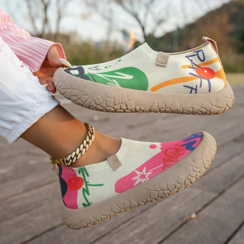 Women's Vintage Ethnic Floral Print Mesh Flats - Boho Slip-On Sandals with Breathable, Quick-Dry, Soft, Anti-Slip Sole for Outdoor, Beach Walks,split,fashion