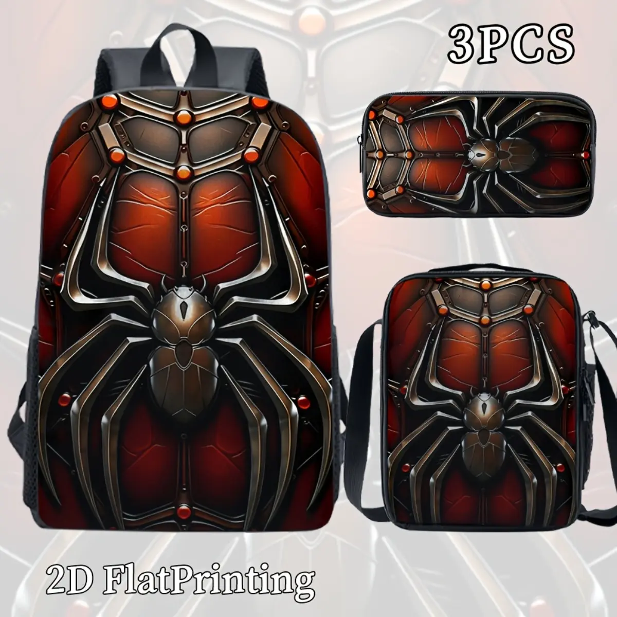 Unisex 3-Piece Leather Casual Functional Set - Red & Black Spider Print High-Capacity Backpack with Adjustable Straps, Zip Closure, Crossbody Bag & Pencil Case for Back-to-School