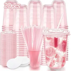 20 Sets 16oz U-Shape Plastic Cups, Disposable Coffee Cups, Plastic Party Cups with Lids, Filters, Straws, //transparent, Round Bottom, Clear Plastic Cups with Lids
