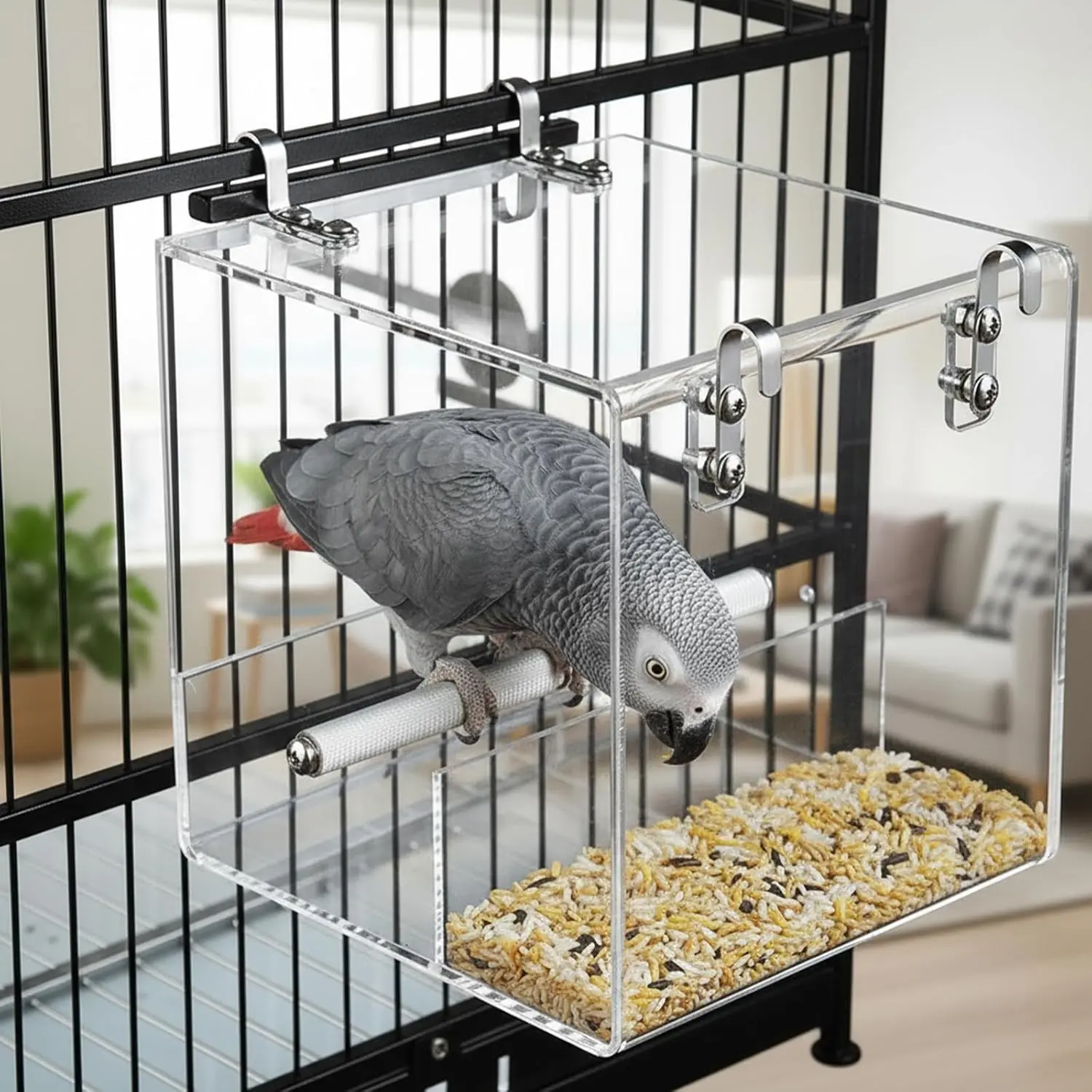 Large Transparent Acrylic Bird Feeder & Cage, 16.91oz Large Capacity, Bite-Resistant Thick Base & Walls, Anti-Spill Spill-Proof Design, Suitable for Indoor/Outdoor Use with Parrot Species Like Cockatiels, Canaries, Budgies
