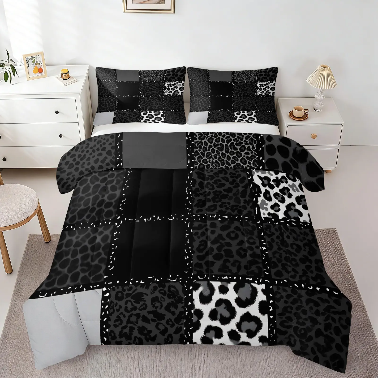 Black Grey Patchwork Leopard Print Comforter Set, Includes 1 Comforter and 1-2 Pillowcases, for Kids Teens Adults,Animal Skin Texture Bedding Set,Patchwork Geometric Duvet Insert,Farmhouse Bed Set for All Season