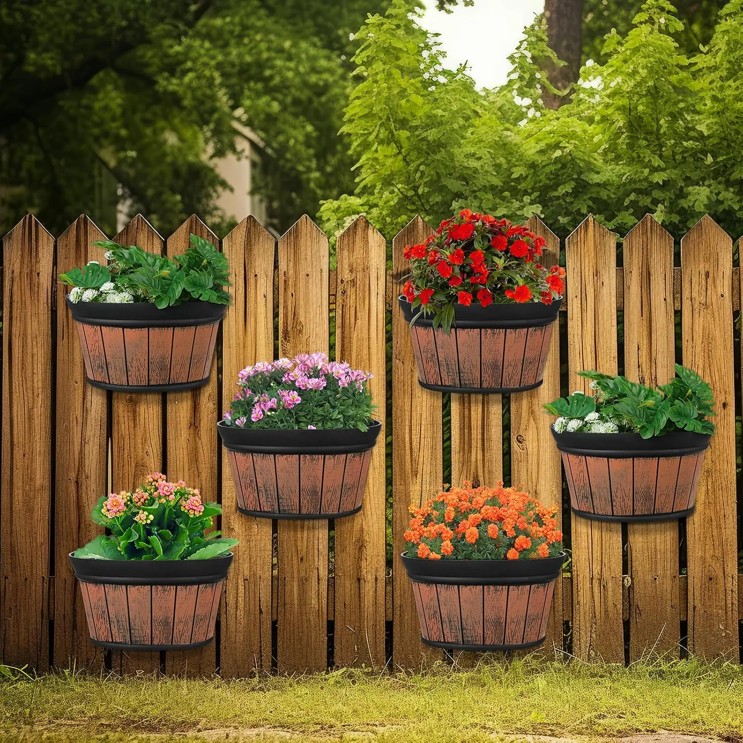 6 count Wall  Planters Outdoor Pot Planter  Barrel Planter Distressed Oak Thickened Plastic Water Storage Flower Pots for Flower Indoor Outdoor(10 Inches,Brown)