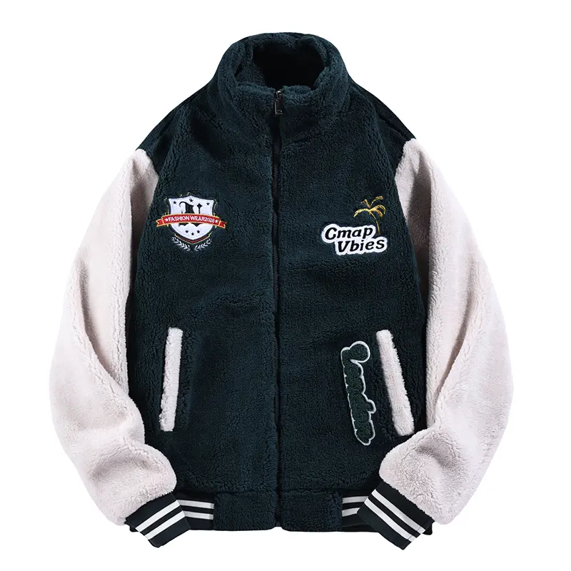 Men's Full-Zip Sherpa Fleece Varsity Jacket, Long Sleeve Color Block Coat with Letter Embroidery, Stylish Warm Retro Streetwear, Personalized, Graphic Jackets, Menswear, Relaxed