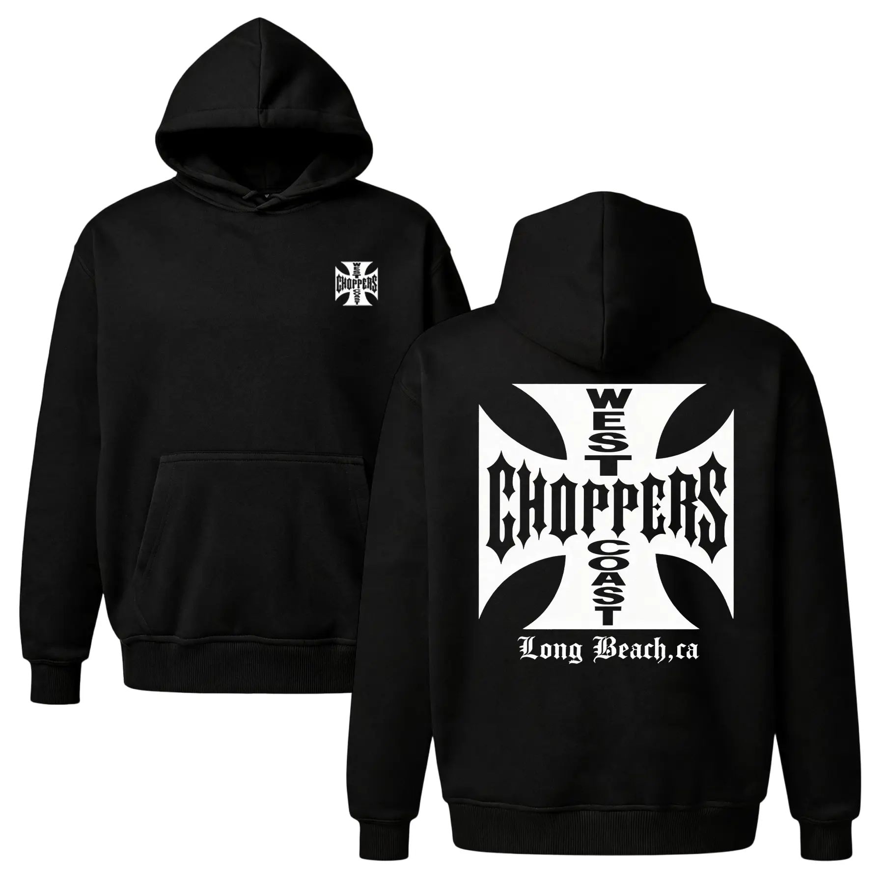 Vintage Chopper Graphic Hoodie | West Coast Biker Back Print Sweatshirt | Iron Cross Streetwear Pullover | Oversized Unisex Fleece Top | Edgy Goth Font Hoodie for Men & Women