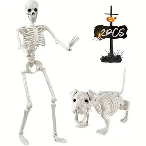 Halloween Skeleton Man and Dog Set, 15 Joint Adjustable, Horror Theme Decor, Easter Home Decoration, 2 Piece Kit, 90cm Skull Design
