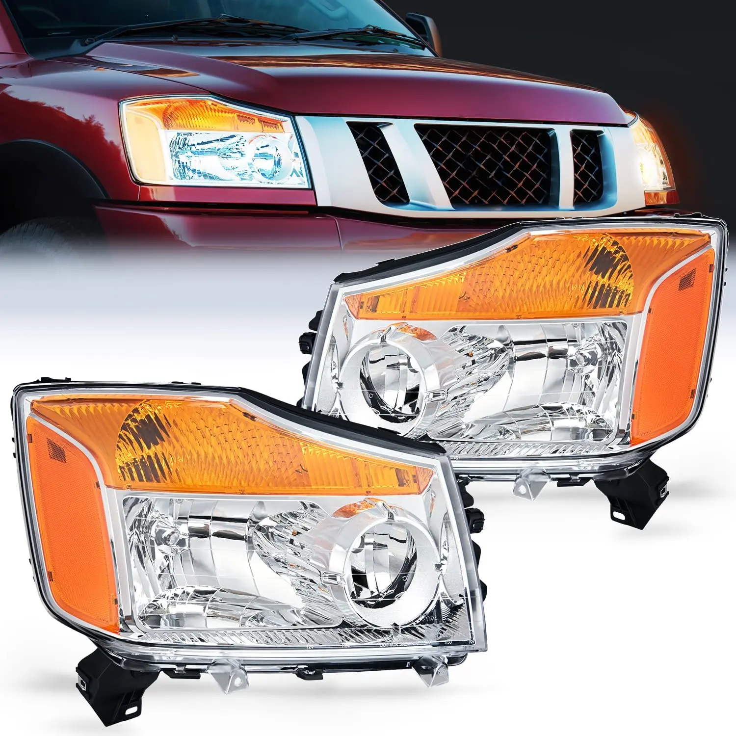 Nilight Car Lighting Automotive Headlight Assembly, Chrome Housing, Amber Reflector, Replacement Headlamps Compatible with 2004-2015 Nissan Titan & 2004-2007 Armada