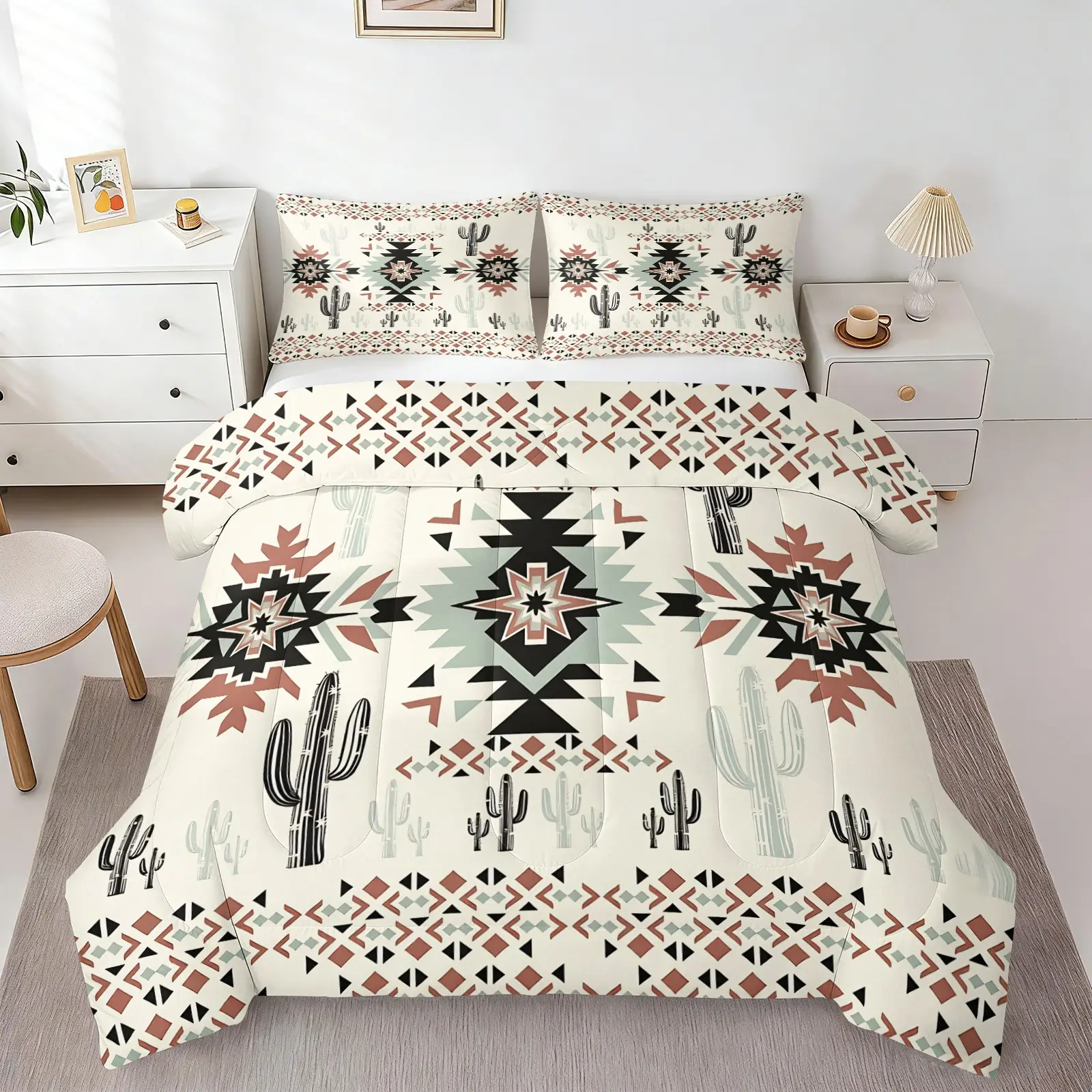 2/3Pcs Southwest Aztec Cactus Comforter Set, Soft Bedding Set, Desert Tribal Geometric Print Quilt Bedding Set with 1-2 Pillowcases, Western Country Bedding for Teens Girls Kids Bedroom, Boho Retro Aesthetic Home Decor, Bohemian Quilt Set