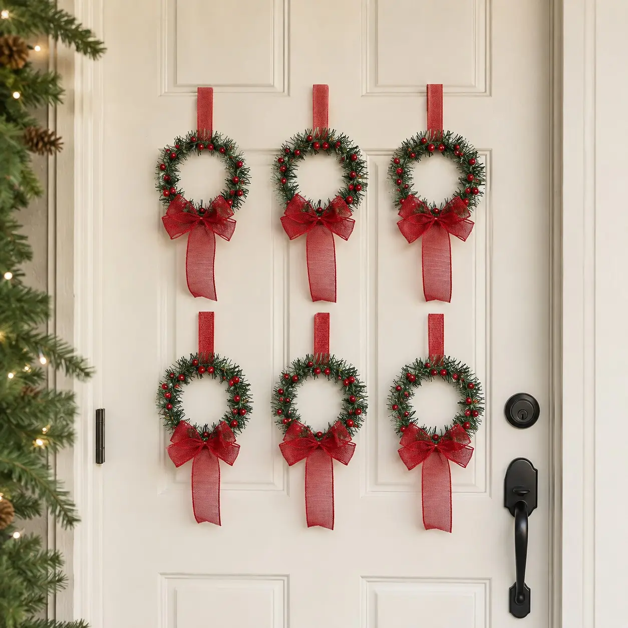 6pcs/12pcs Christmas Kitchen Cabinet Mini Wreath Hanging Ornaments with Bows and Berries, Mini Christmas Wreath Small Kitchen Christmas Decorations, Festive Decoration, Artificial Hanging Wreath for Window/Cabinet/Chair/Door/Stairs