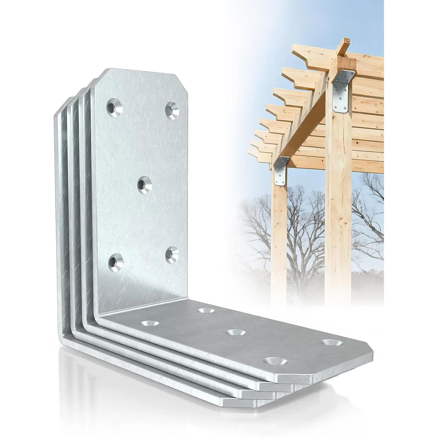 5 Inch Heavy Duty L Brackets - 90  Corner Braces for  Posts, Shelves, Fences & Pergolas - Metal Angle Brackets for Floating Shelf, Countertop & Framing Support (Galvanized-4 Pcs)