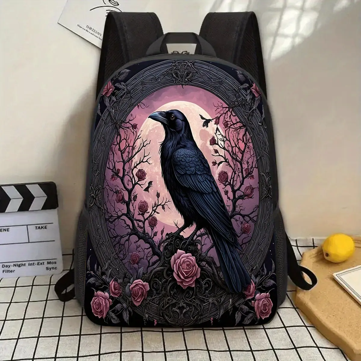 1pc Gothic Raven 17" Laptop Backpack with Water Bottle Holder - Large Capacity, Adjustable Straps, Vibrant Cartoon Design, Durable & Lightweight for School, Work, Travel, Picnic - Unique Gift for Mother'S Day, Father'S Day, Valentine's, Thanksgiving