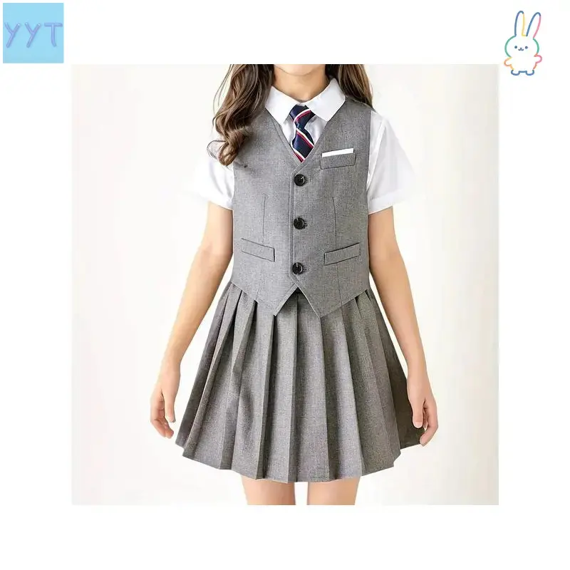 2026    -British Style Youngsters's  Uniform Set Kindergarten Wear, Elementary  Girls' JK Skirt Suit 7-16 Years Old with Vest + Half-Skirt + Tie Three-Piece Graduation Outfit school