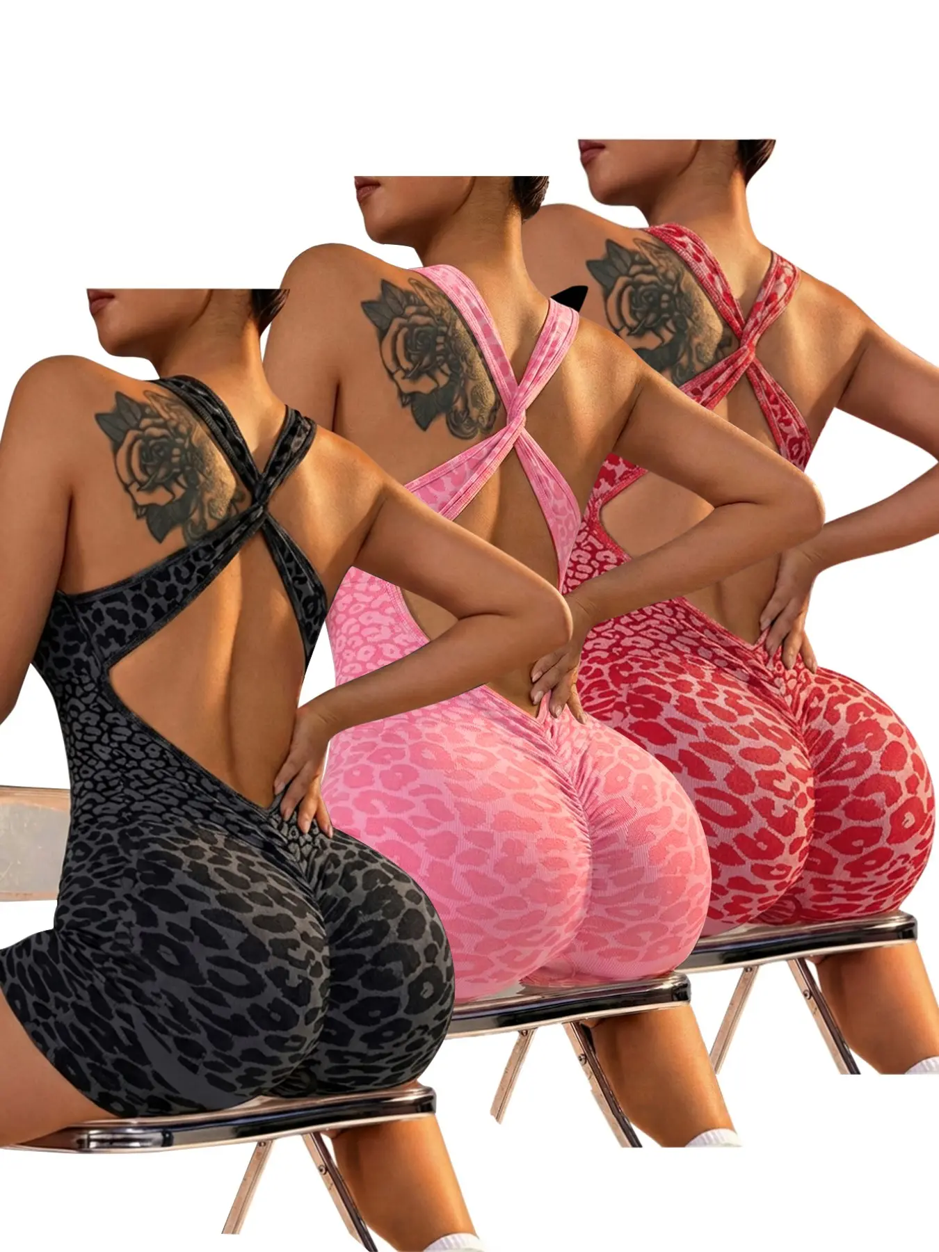 3-Pack Summer Leopard Print Yoga Jumpsuits, Sleeveless Workout Jumpsuit, Seamless Cross Back Straps, High Waist Tight Fit, Peach Butt Slimming, Shaping Yoga Jumpsuit, Fitness Yoga Jumpsuit, Activewear Jumpsuit, Outdoor Sports & Casual Wear
