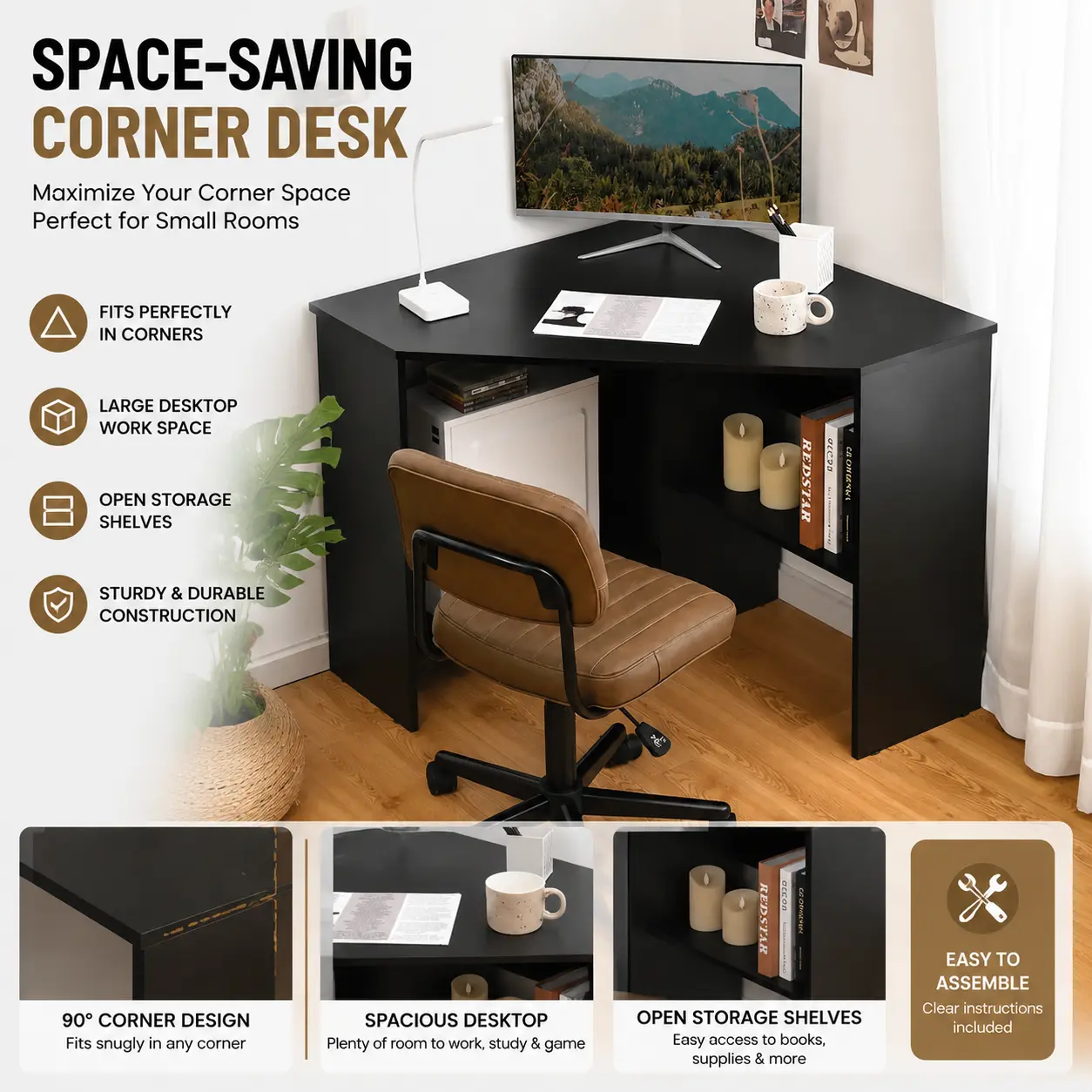 Small Space Corner Desk With Storage Shelves | Modern Computer Workstation For Home Office