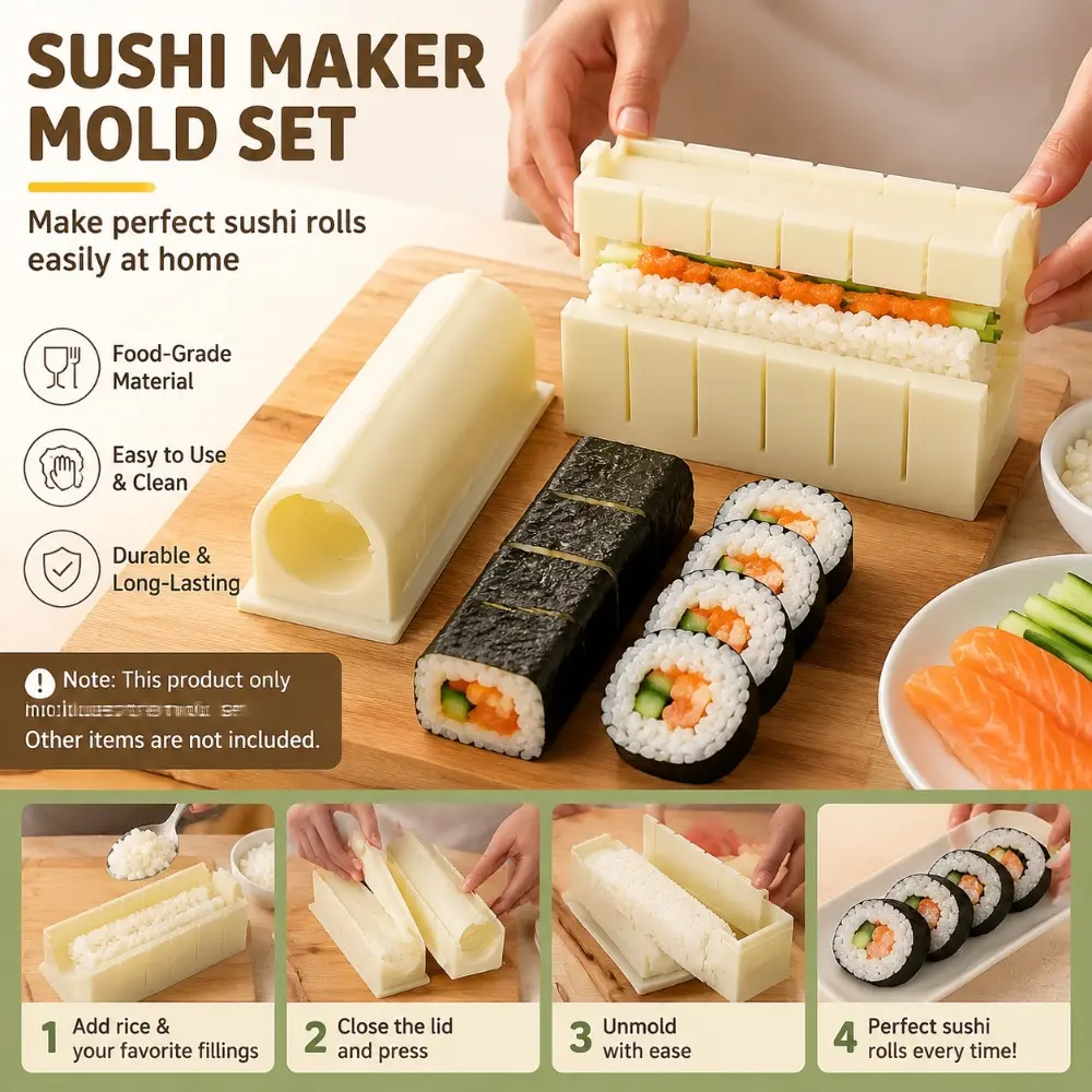 3PCS Sushi Making Kit, Sushi Roller Mold Set, Rice Roll Maker, Seaweed Roll Mold, DIY Sushi Maker for Home Kitchen Bento Preparation