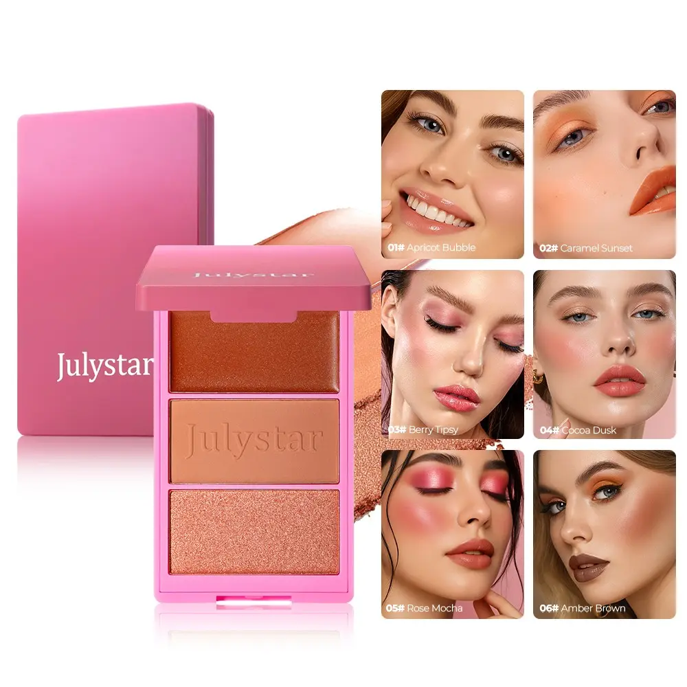 Julystar 3-In-1 Blush Palette, 6 Shades Matte Shimmer Cheek Blush Powder, Multi-Use Face Eyes Makeup, Portable Daily Cosmetics