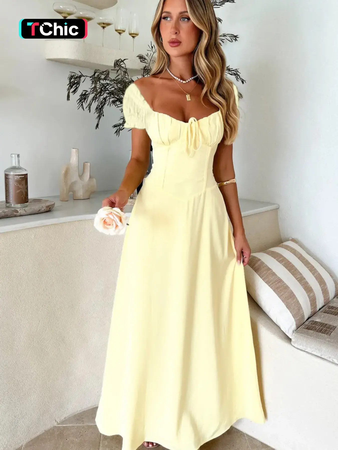 Elegant Chic Plain Lace Up Long Dress, Vintage Casual Party Dress Slim-Fitting Short Sleeve Dress, Perfect for Summer, Vacation Style Womenswear