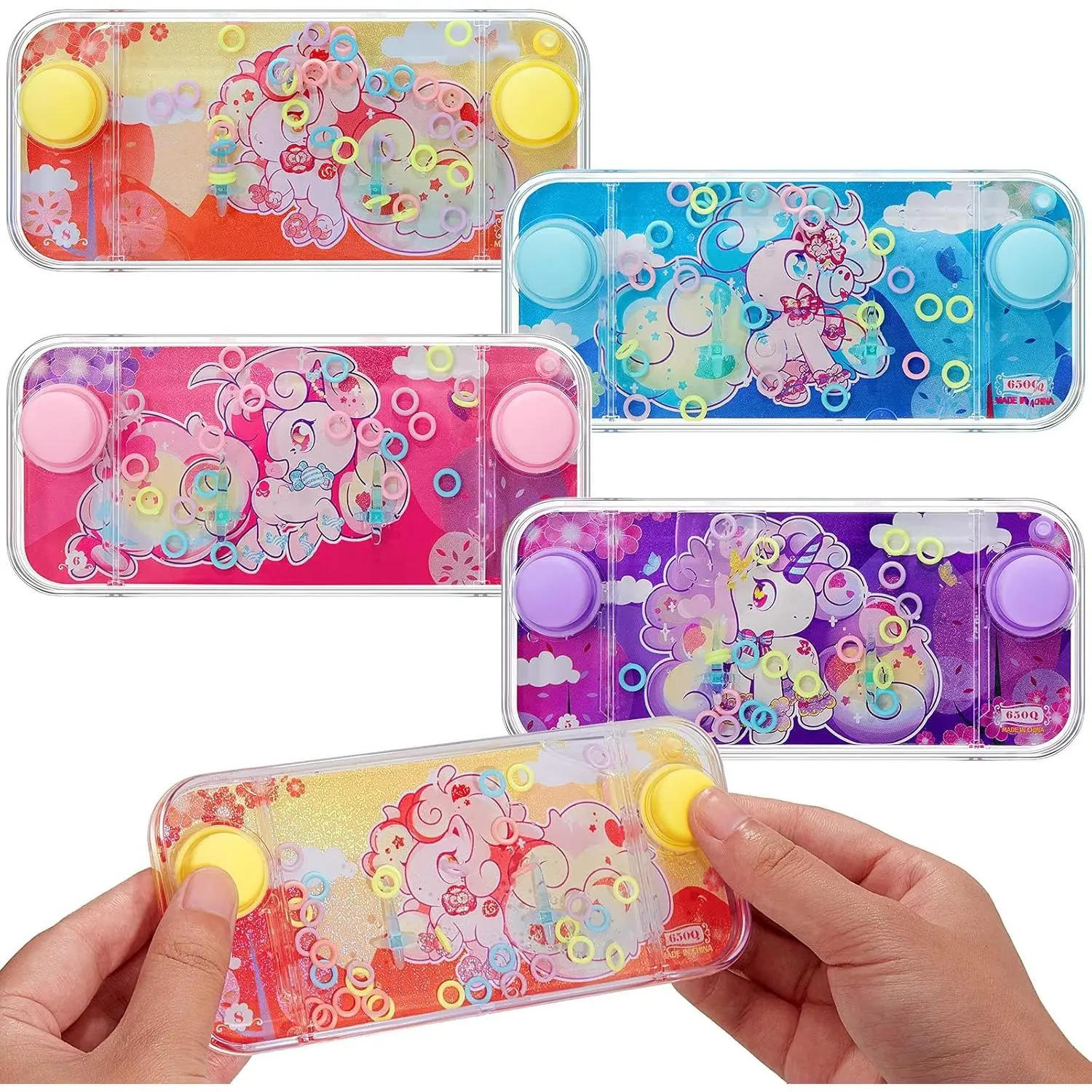 4 Pcs Retro Cartoon Unicorn Handheld Water Ring Toss Games - 80's-90's Nostalgic Water Toy, Hand-Fit, Rounded Passivated Corners, Plug on Back, Unisex Kids Party Favors Bag Fillers, Stress-Relieving Pastime
