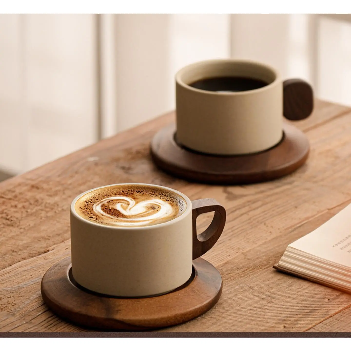 250ml Minimalist High-End Vintage Clay Coffee Cup Set - Single Set, Mid-Century Floral Drinkware with Wooden Cup & Wooden Coaster, Set Of Type A (Clay Coffee Cups)