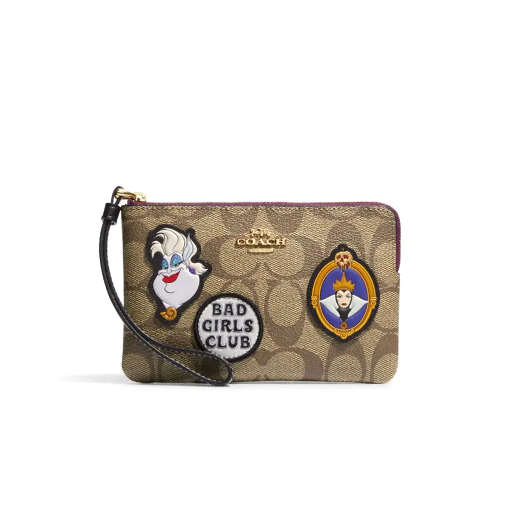 Coach x Disney Corner Zip Wallet for Women – Cartoon Logo Embellished Leather Wallet in Khaki