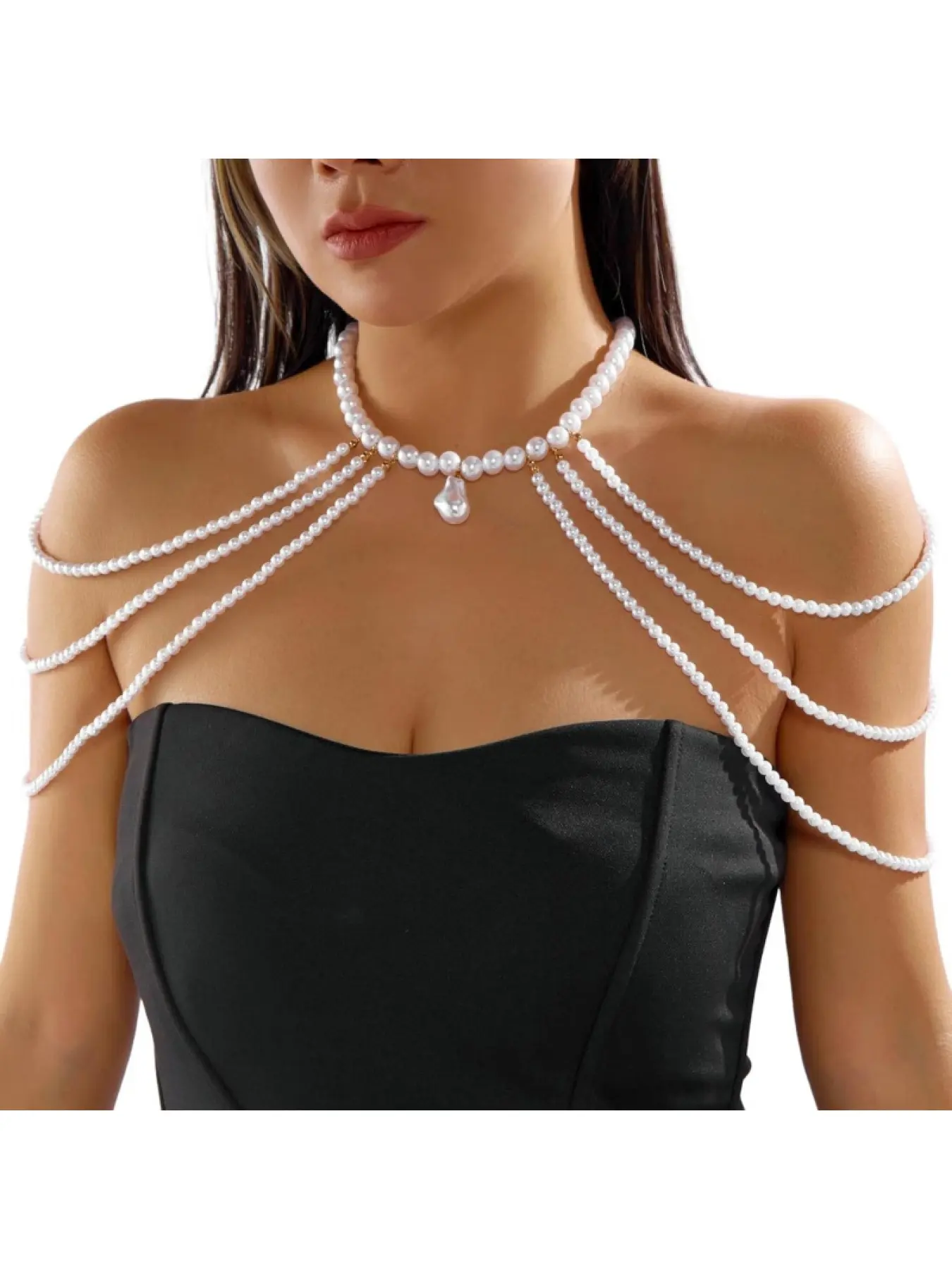 Elegant Layered Tassel Faux Pearl Shoulder Body Chain, Vintage French Beaded Shawl Necklace Jewelry, Bridal Wedding Statement Body Accessory for Women Prom Festival Party Dresses
