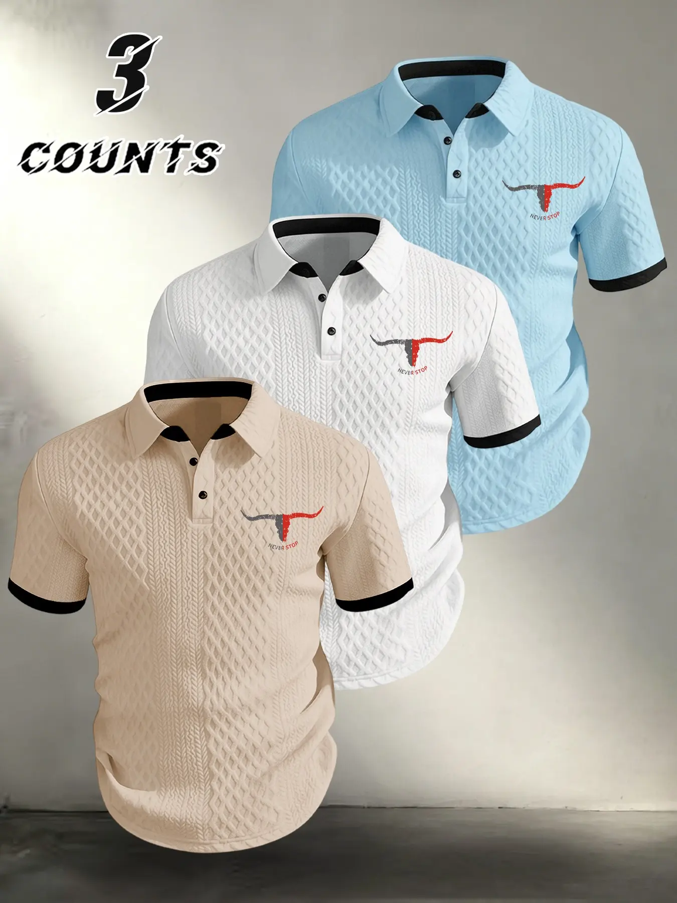 American Fashion Breathable Summer Polo Shirt, Textured Fabric, Men's Daily Commute Short Sleeve T-Shirt Set, Three-Piece