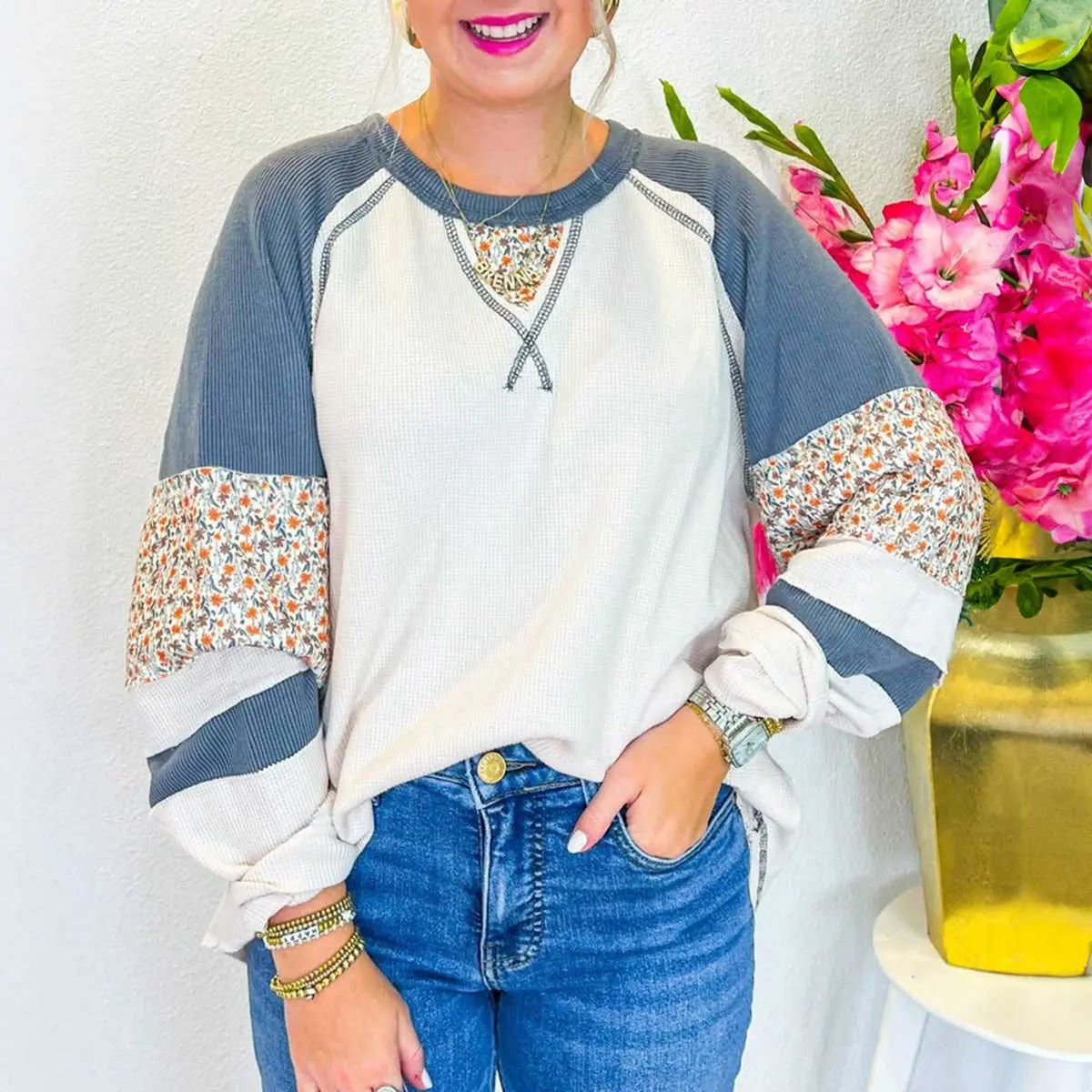 White Floral Patchwork Waffle Knit Raglan Top
