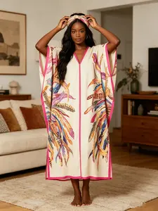 New Women's 2 Piece Cream Base Colorful Feather Print Kaftan Maxi Dress with Matching Headscarf, Silky Loose Satin Robe, Plus Size Friendly, Beach Cover Up, Resort Vacation & Evening Party Wear