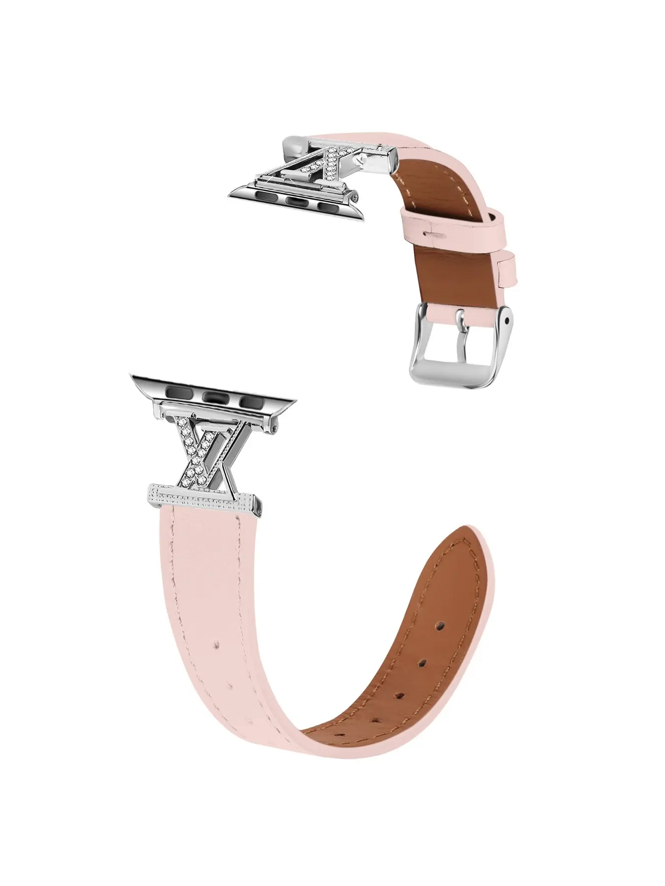 Elegant X-Shaped Rhinestone Buckle, Genuine Leather Pointed Tail Strap, Slender Leather Strap with Shiny Silver Color Accents, Adjustable Buckle Strap