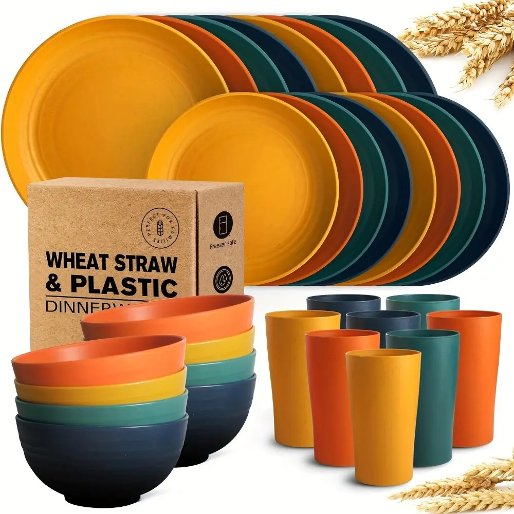 Mind Blowing! 32Pcs Wheat Straw Dinnerware Service Set, Unbreakable Colorful Dishes For 8 People Camping & Home Use