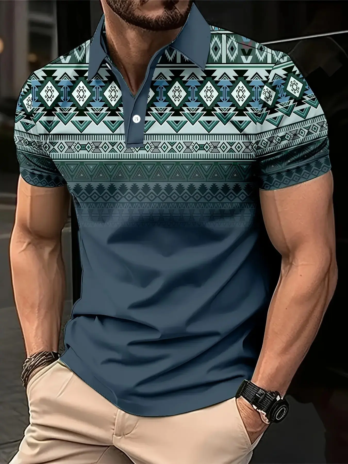 Men's Polo Short Sleeve T-Shirt, Aztec Geometric Print, Loose-Fit, Breathable Golf Shirt, Casual Daily Wear, Lightweight Men's Polo