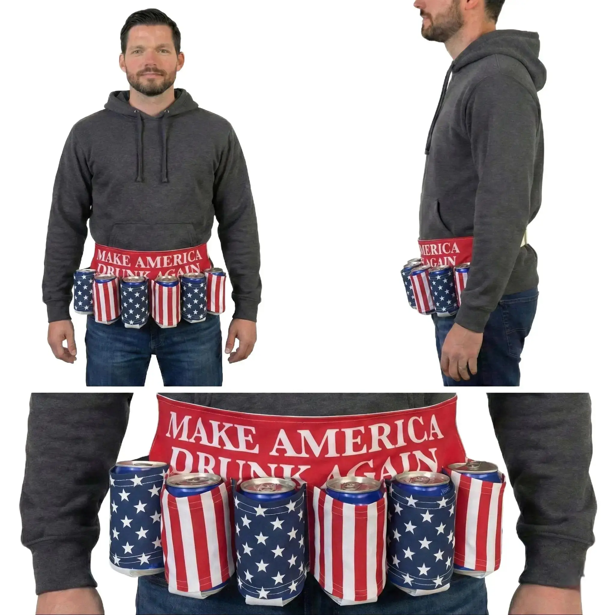 Beer Belt Holster for Adults, Funny Patriotic Canvas 6-Can Drink Carrier, Adjustable Hands-Free Party Gear for Tailgating & Gag Gifts, Make America Drunk Again, Bottles, Boyfriend, Husband, Game Day, Hilarious