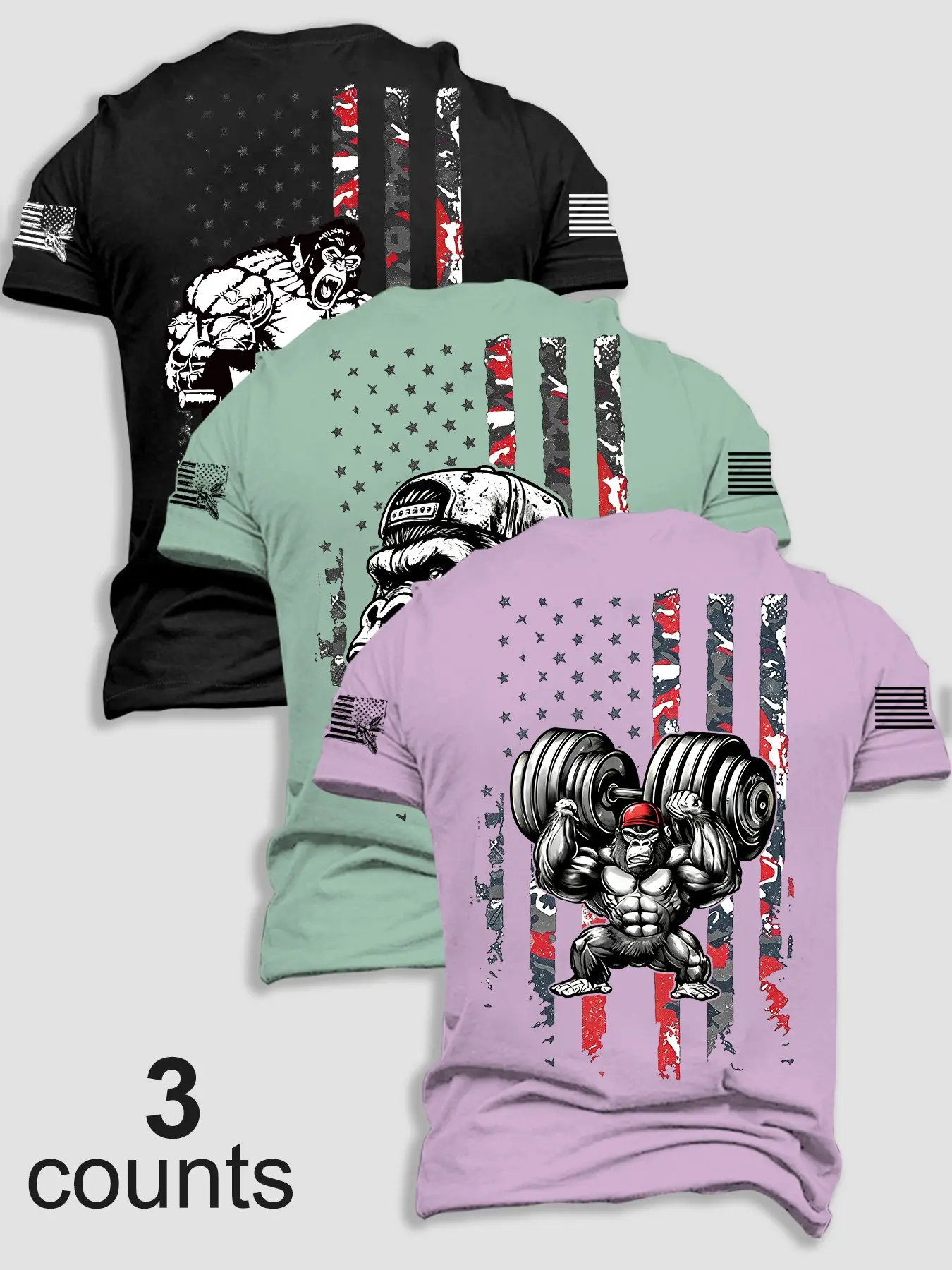 Men's Bestselling 3-Pack Short Sleeve T-Shirts, Gym Gorilla Weightlifting American Vintage Flag Print, Round Neck Streetwear Top