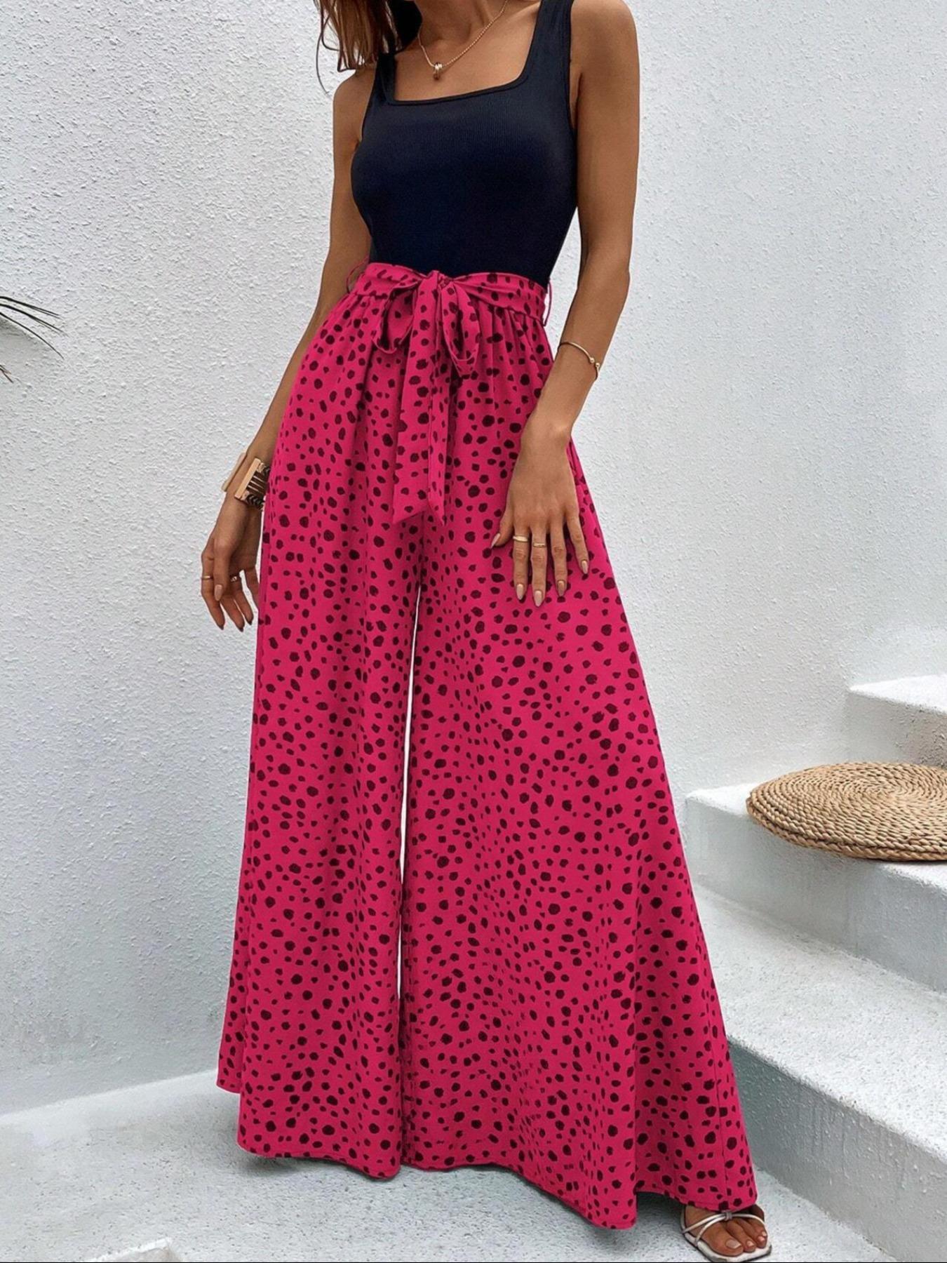 Women's Leopard Print Belted Adjustable Wide Leg Fit Jumpsuit, Casual Jumpsuits Sleeveless Jumpsuit for Summer, Women's Jumpsuit for Daily Wear Everyday Womenswear, Casual Sleeveless Overalls, Casual Style Jumpsuit