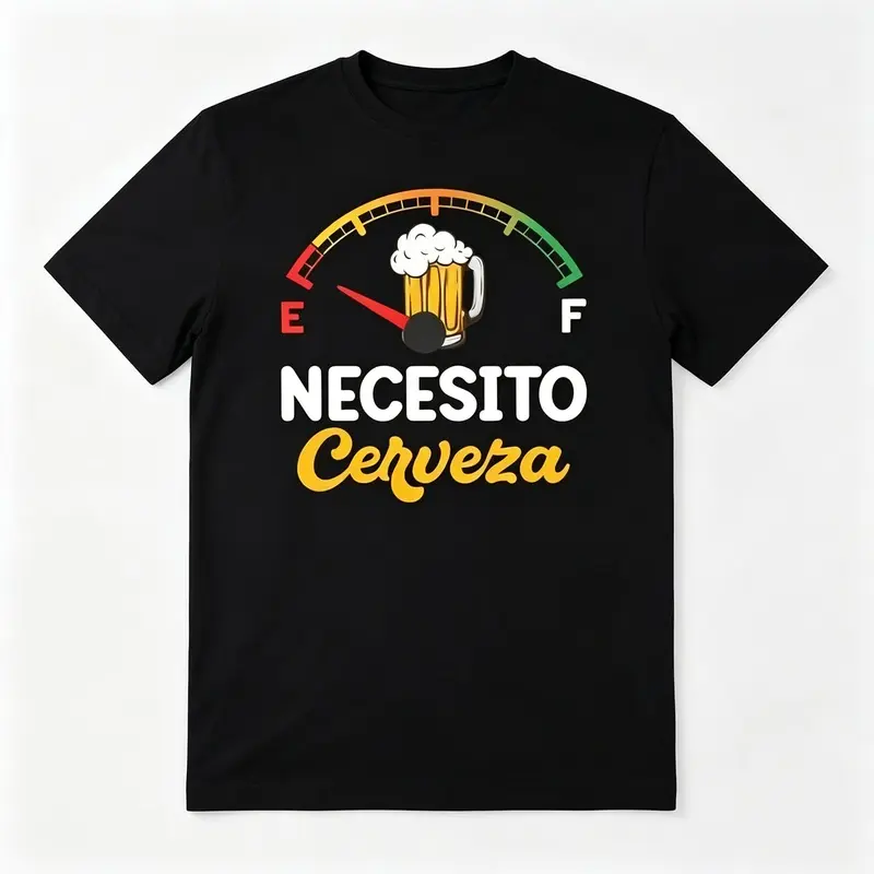 Men's Necesito Cerveza Beer Fuel Gauge Graphic Print Cotton Blend Sporty Chic Tops, Black Short-Sleeve Round Neck Breathable Summer Casual Funny Drinking Tee, Machine Washable Menswear, Bk, Regular