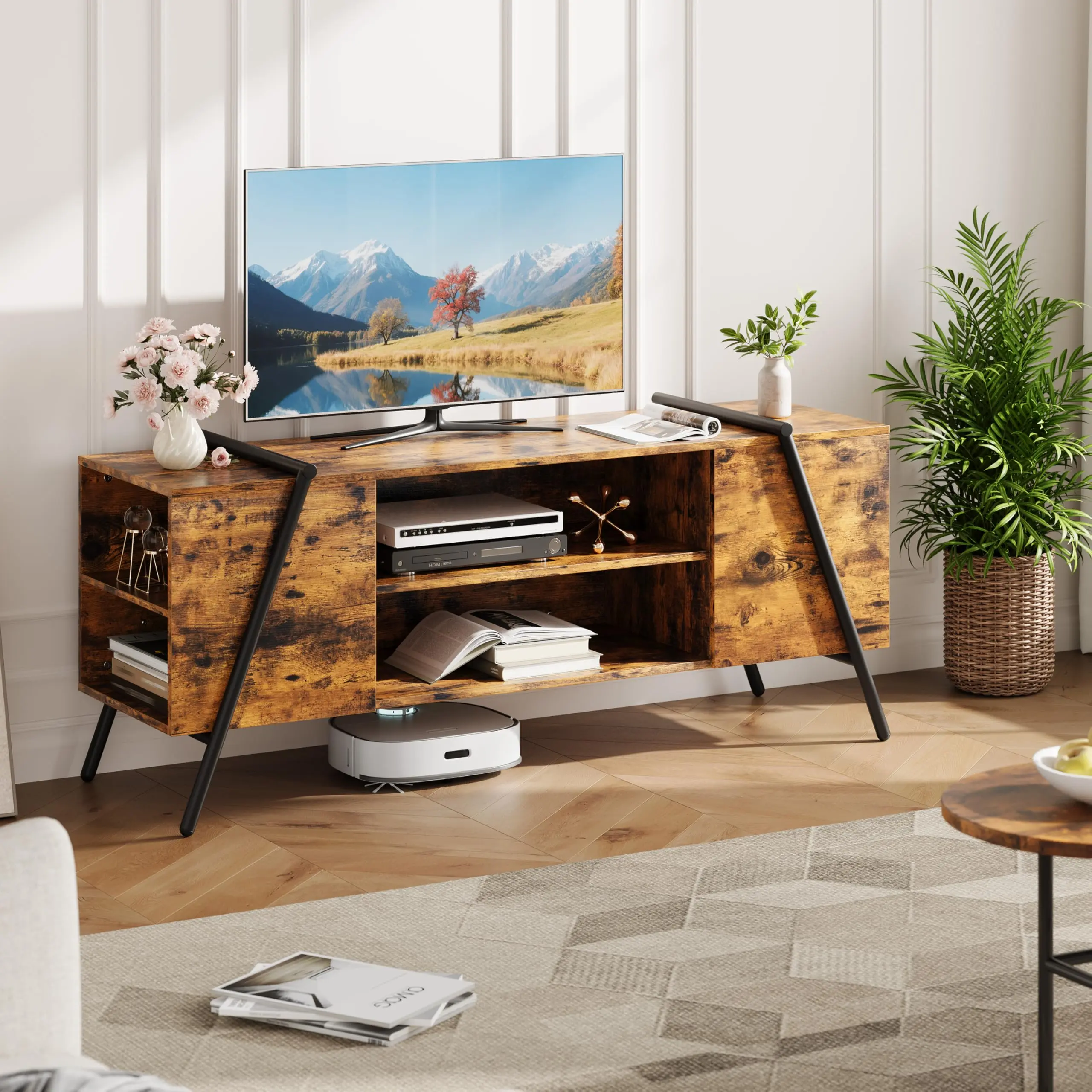 Gaomon Industrial TV Stands for Living Room, Wood Entertainment Center with Adjustable Open Shelves and U-Shaped Metal Legs, Modern TV Console for Bedroom